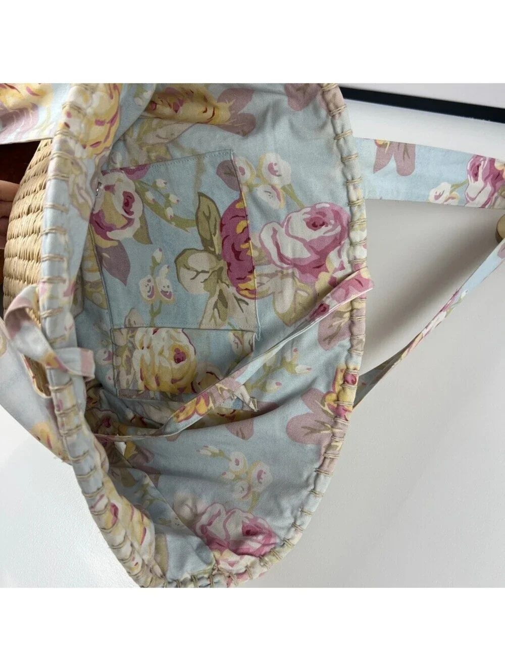 Laura Ashley Floral Lined Straw Tote Beach Bag Large Woven Shopper NWT